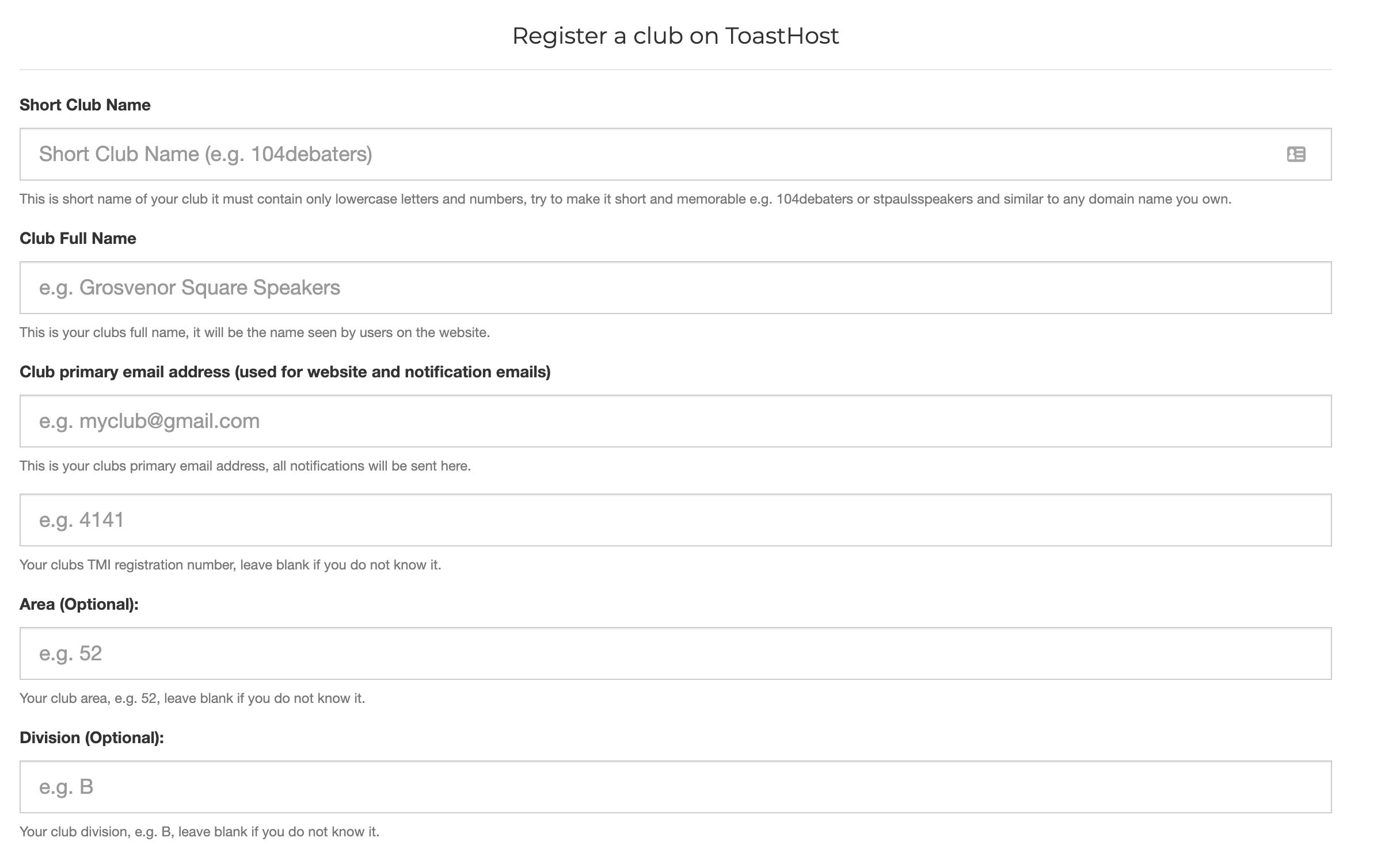 Register club form