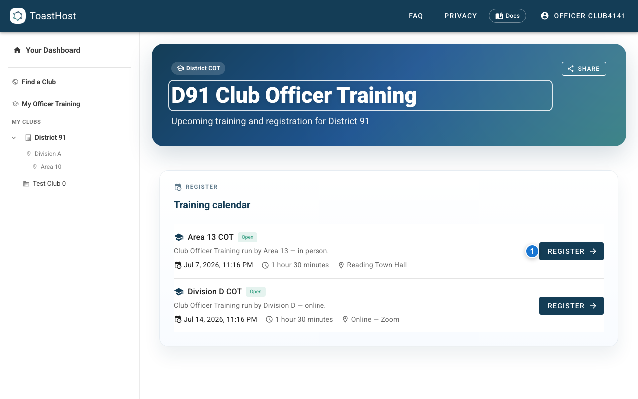 District training calendar with the Register button highlighted