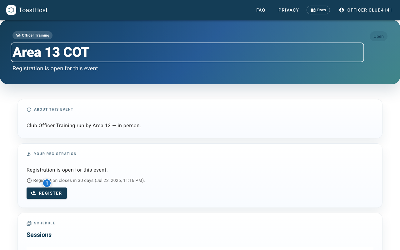 Session detail page with the Register button highlighted