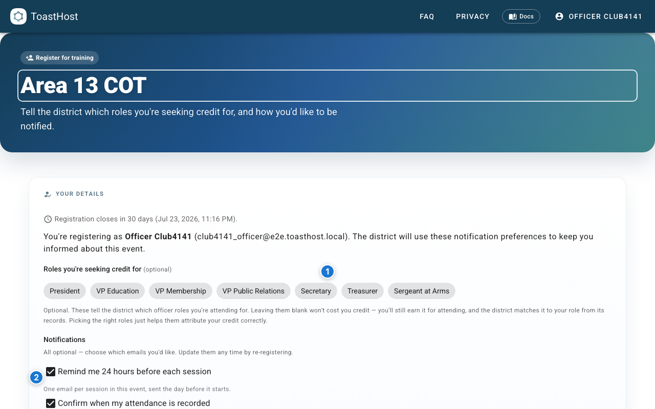 Registration form with roles and notification preferences highlighted