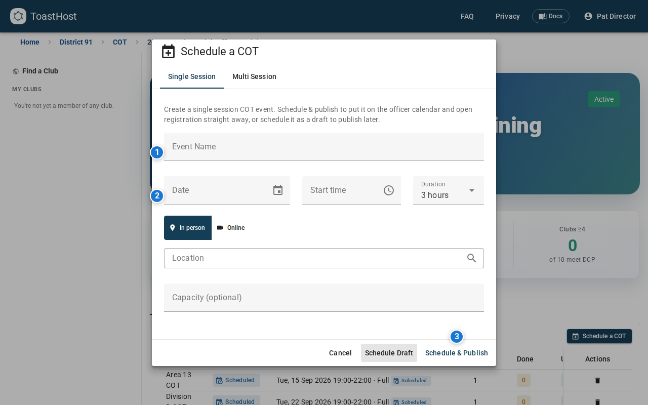 Create-event dialog showing session date and details