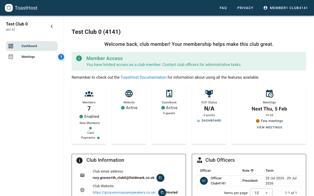 Club workspace dashboard with sidebar navigation