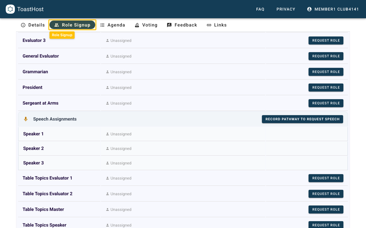 Meeting page with the Role Signup tab highlighted
