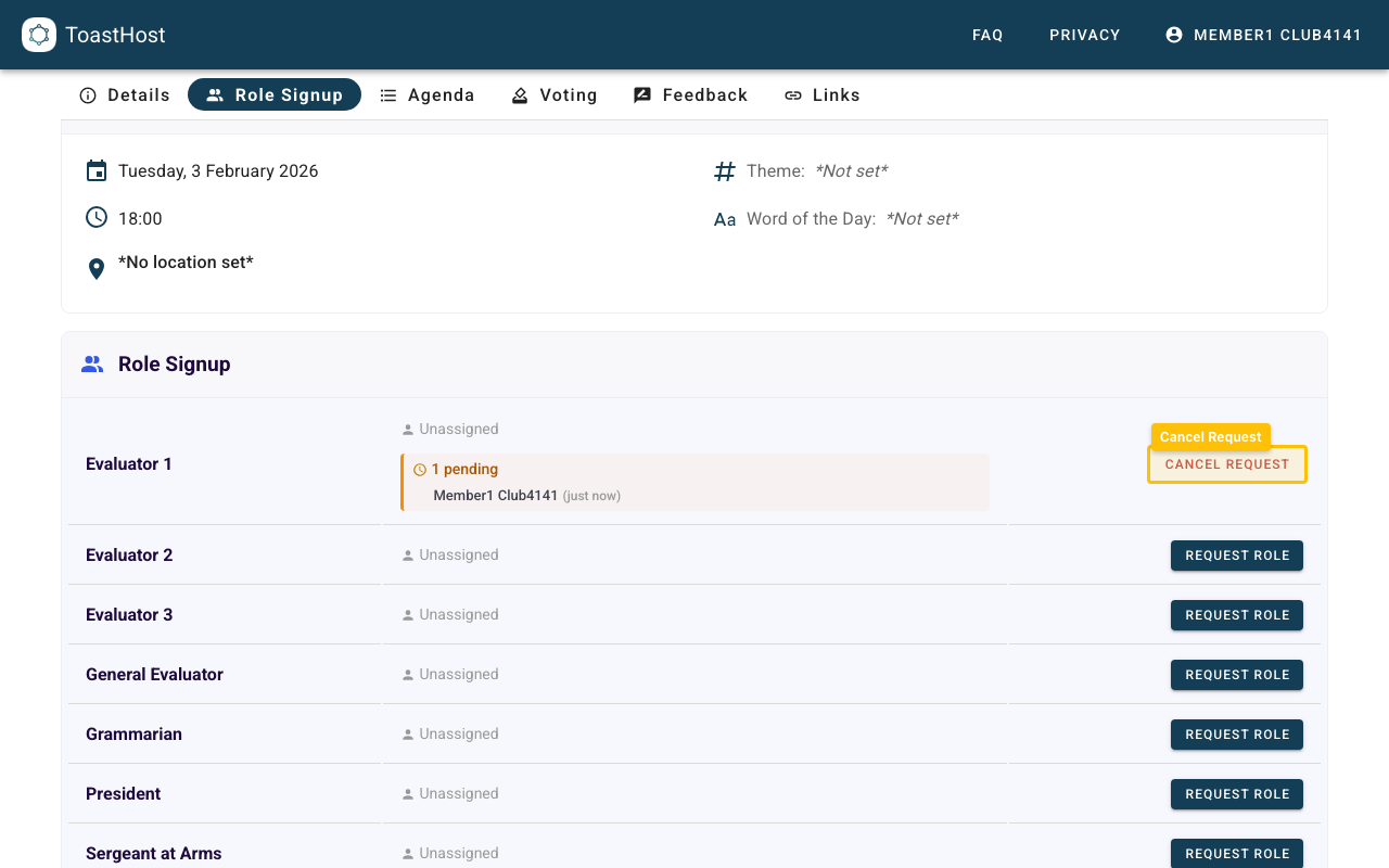 Role list showing a pending request with a Cancel Request button