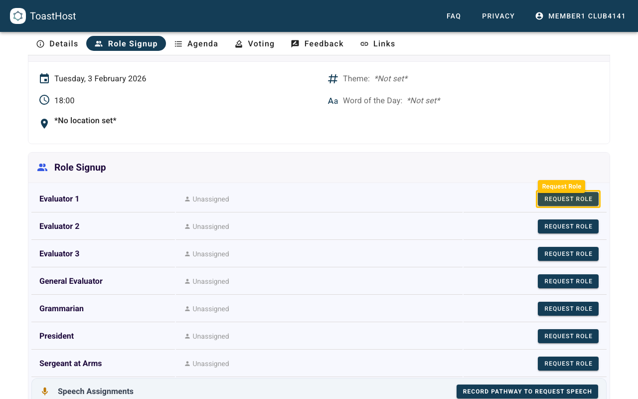Role list with a Request Role button for an available slot