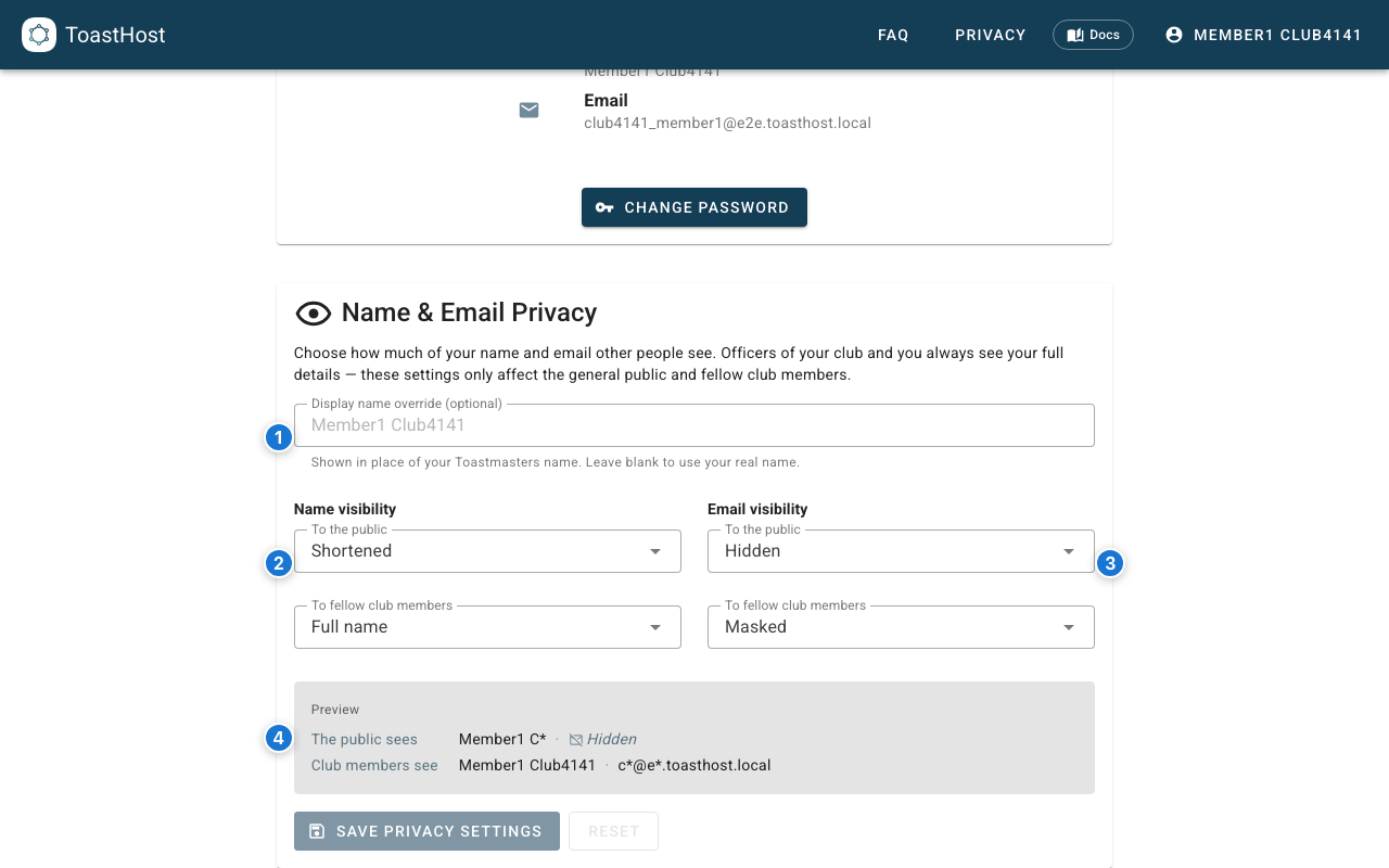 The Name and Email Privacy settings card with numbered callouts