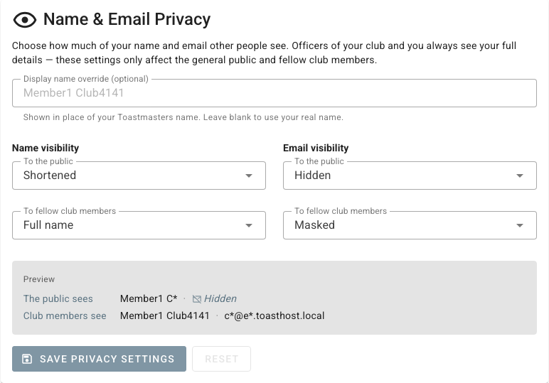 The Name and Email Privacy settings card