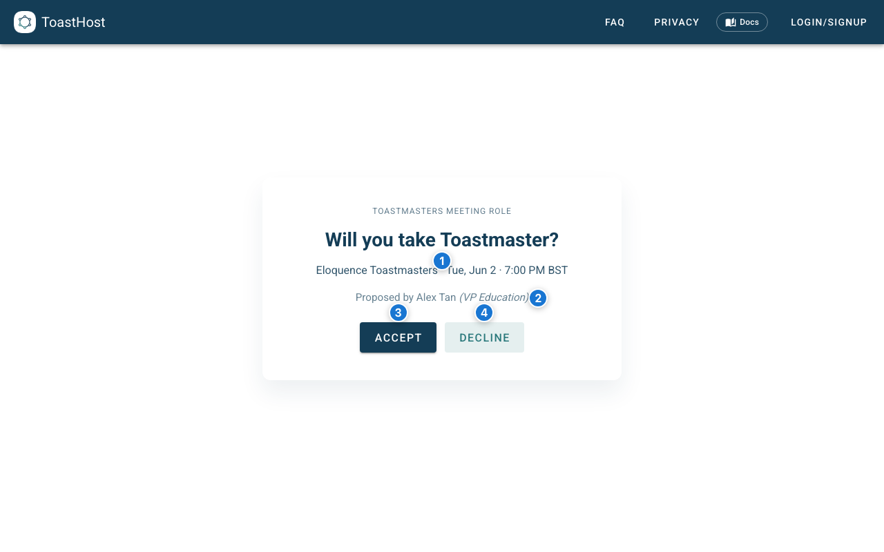 Role proposal page showing meeting context, Accept and Decline buttons