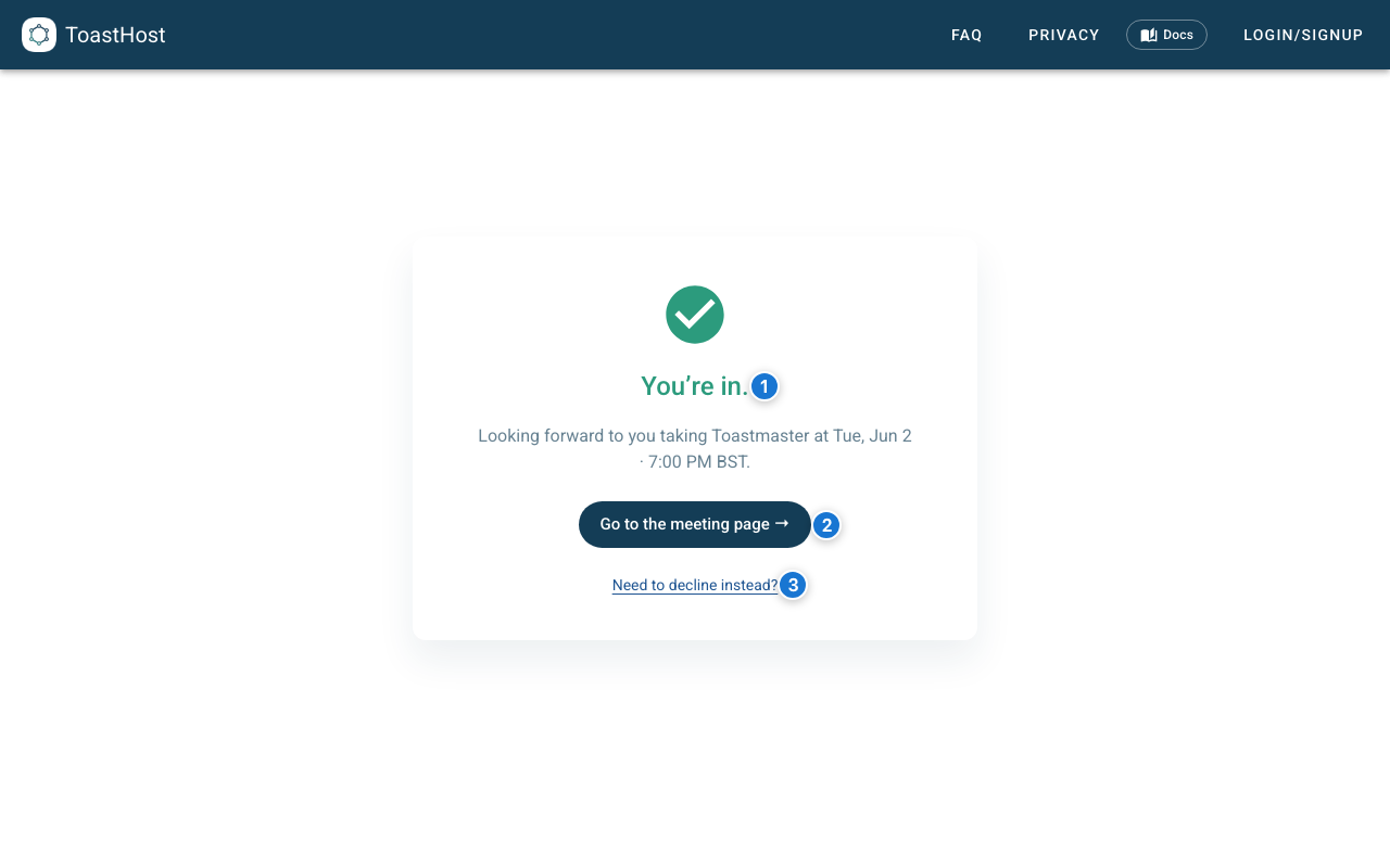 Accepted confirmation screen with a Go to the meeting page button