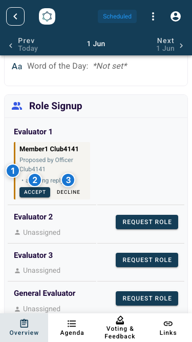 Mobile meeting page showing a proposed role slot with Accept and Decline buttons inline