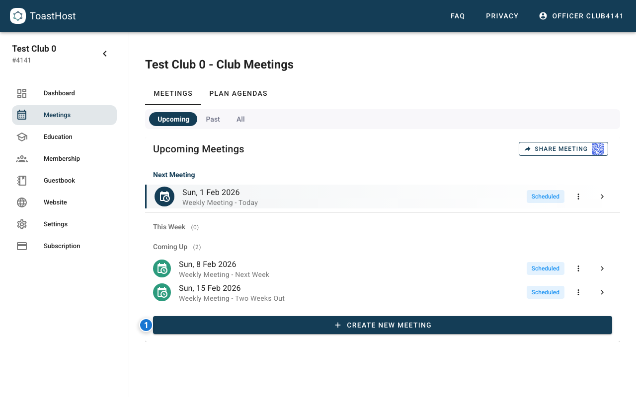 Meetings list showing Create Meeting (officer view)