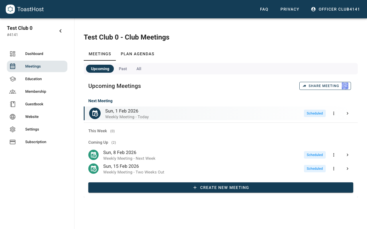 Meetings list showing the Create New Interactive Meeting button