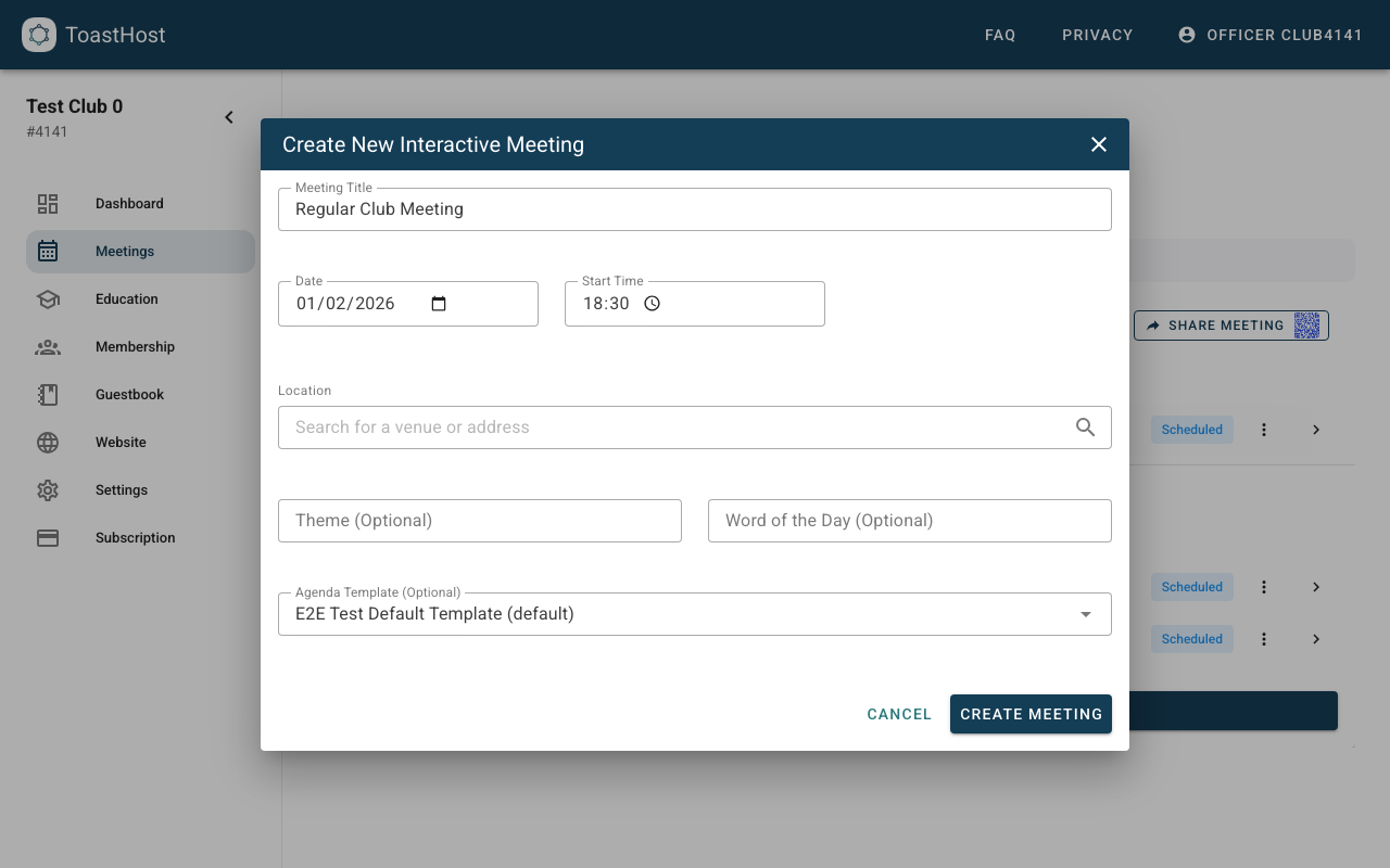 Create Interactive Meeting dialog
