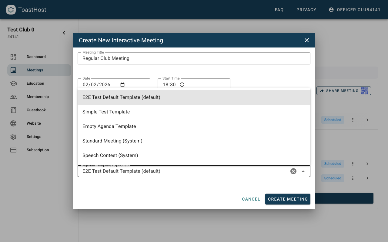 Agenda Template dropdown showing available templates