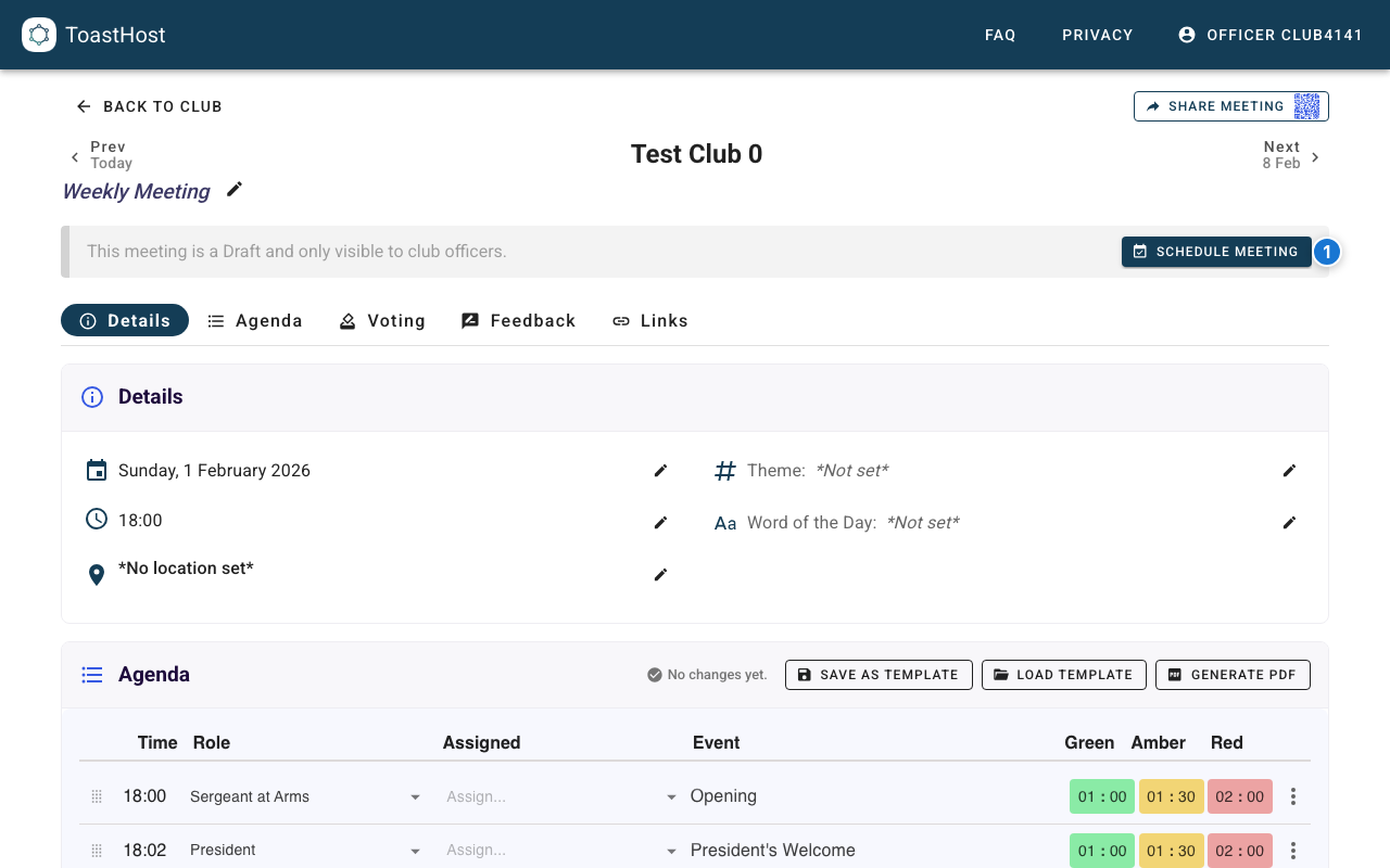 Meeting view showing agenda, roles, and actions