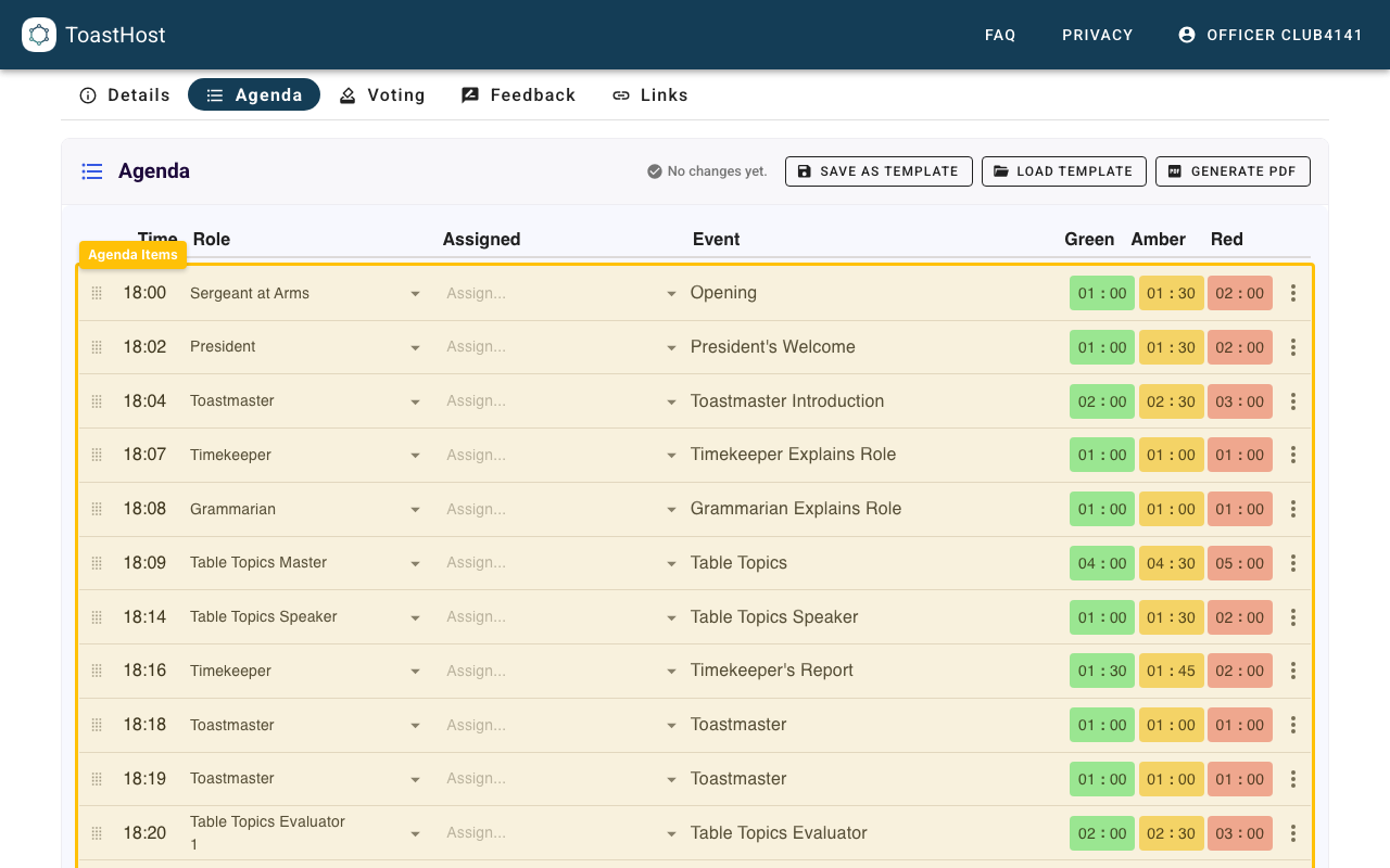 Agenda tab showing agenda items and timing