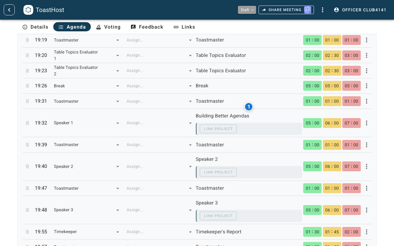 Agenda tab with the inline Enter event description field on Speaker 1 highlighted
