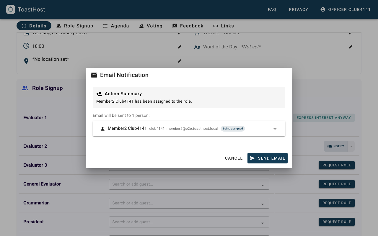 Email Notification dialog showing a recipient list and a Send Email button