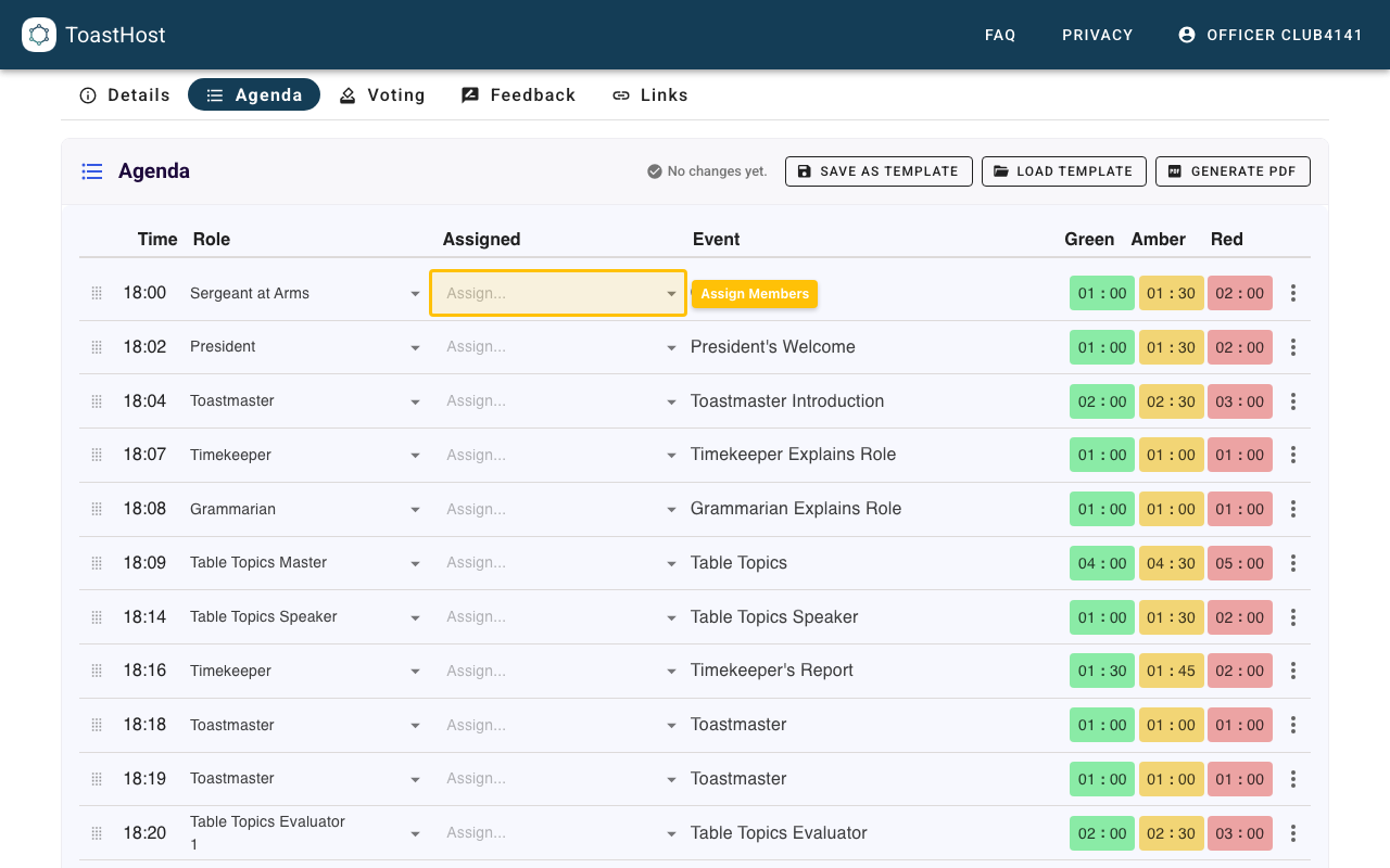 Agenda tab showing role assignment controls