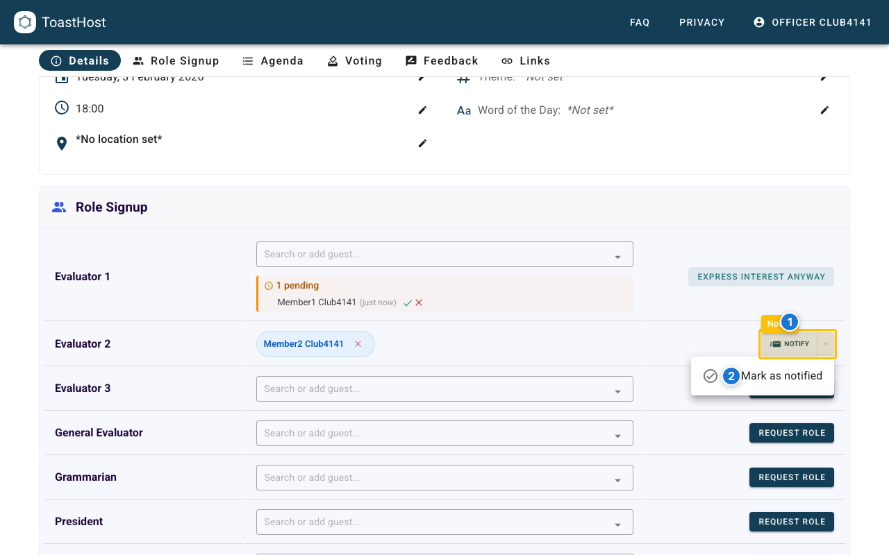 Split Notify button showing the Notify action and the dropdown menu with Mark as notified