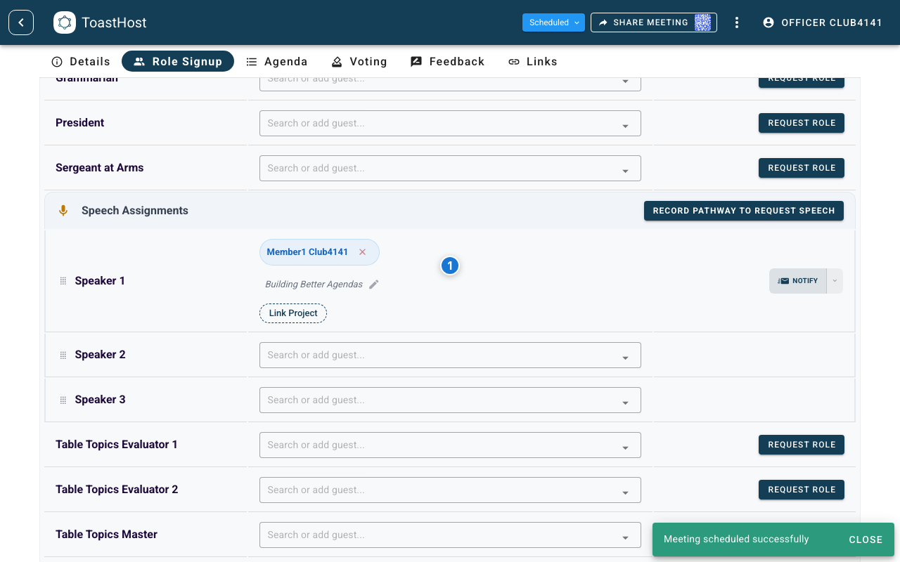 Role Signup tab with the clickable speech title text in Speech Assignments highlighted