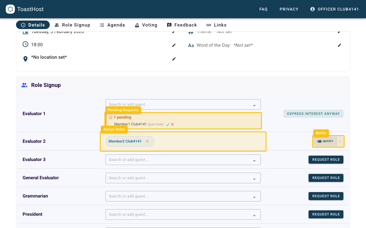 Role Signup tab showing pending requests, assignment controls, and Notify buttons