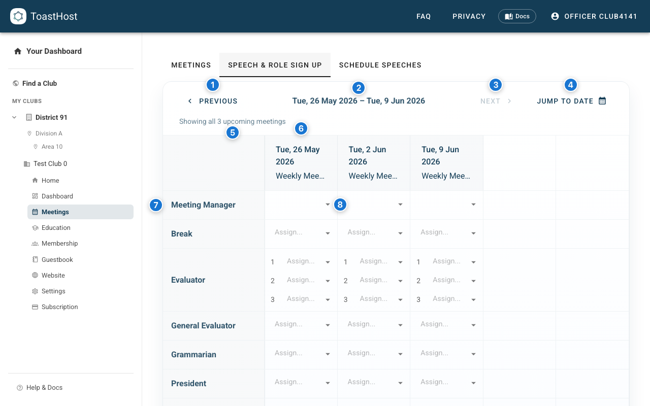 Speech & Role Sign Up grid — paged window with toolbar