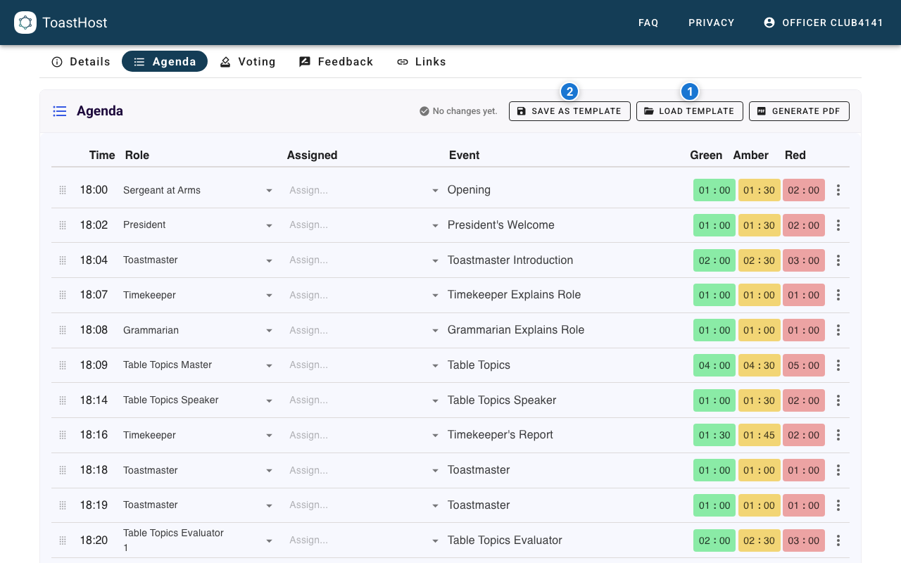 Agenda tab showing Load Template and Save as Template buttons