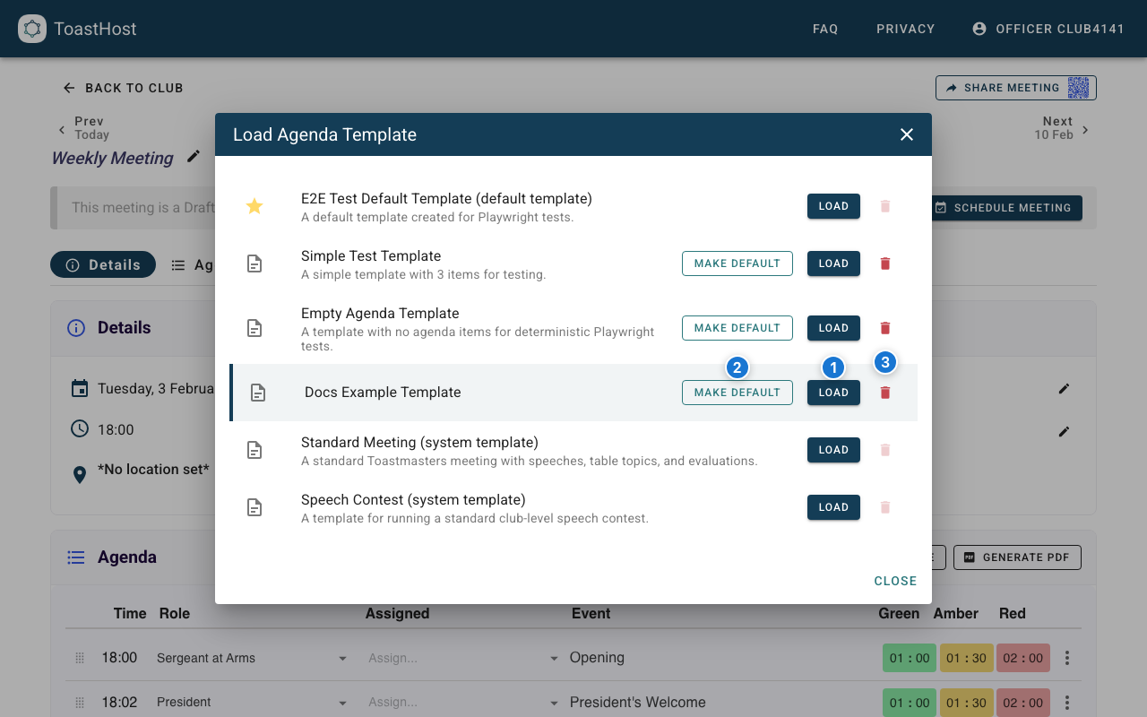 Load Agenda Template dialog showing template actions