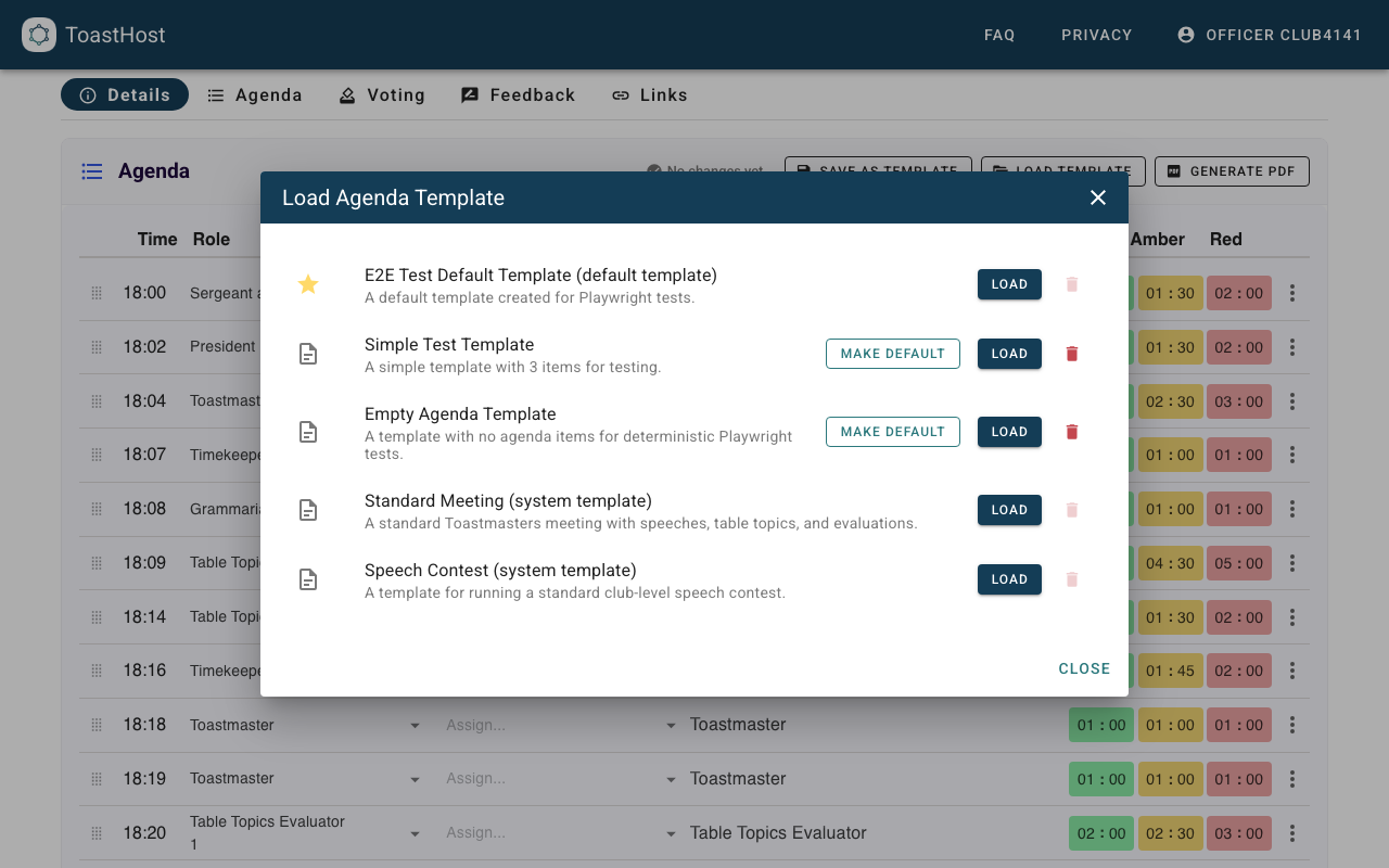Load Agenda Template dialog