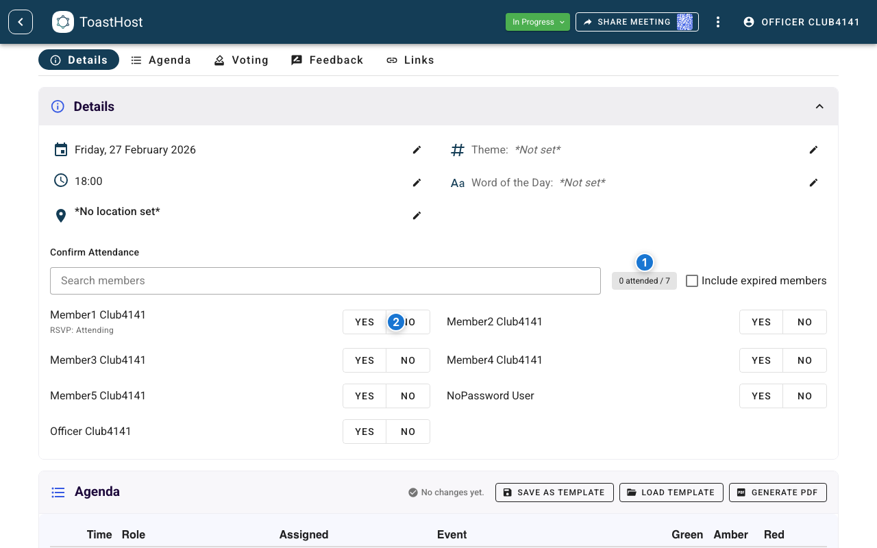 Attendance manager in an in-progress meeting with summary and attendance controls