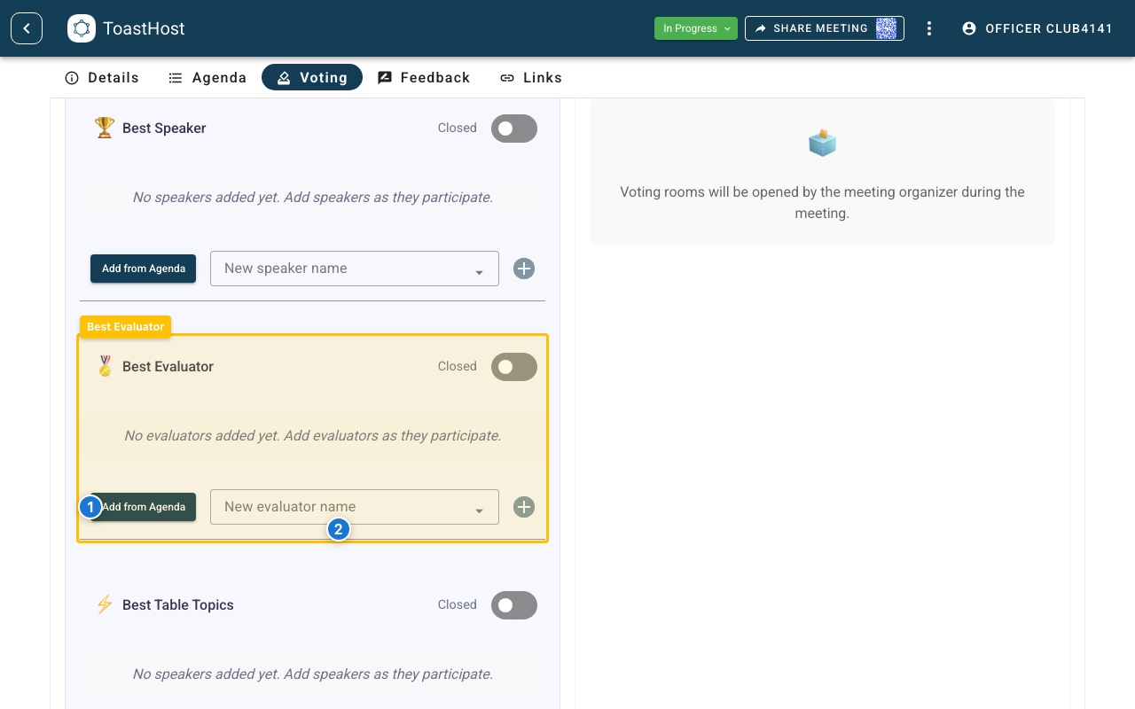 Best Evaluator voting panel with the Add from Agenda button and evaluator candidate from agenda