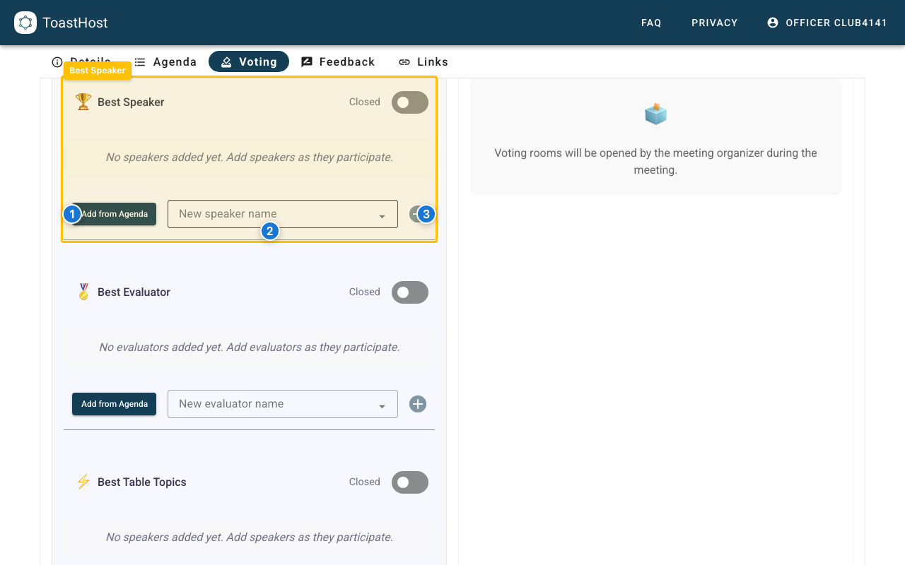 Best Speaker voting panel with the Add from Agenda button and manual add controls