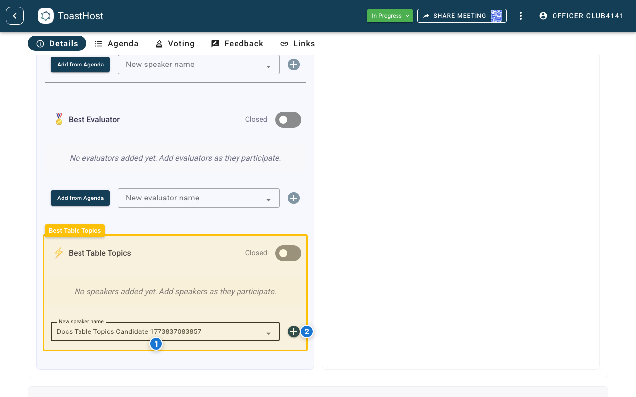 Best Table Topics voting panel showing manual candidate entry controls