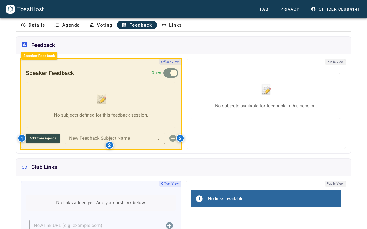 Feedback manager showing the Add from Agenda button and manual subject controls