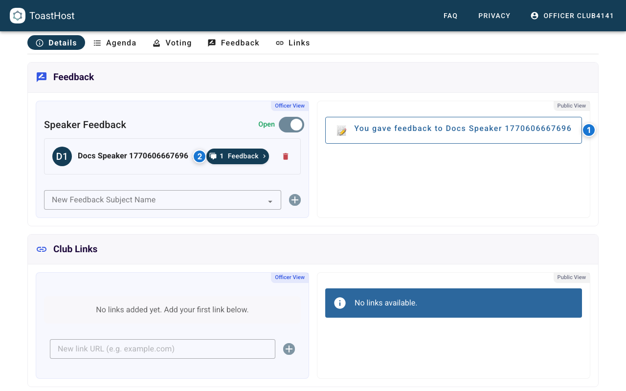 Public feedback button after a submission showing given-feedback state