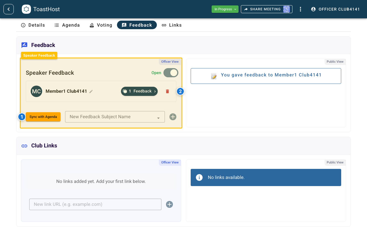 Feedback manager showing the Sync with Agenda button while an agenda-linked speaker still remains in the subject list