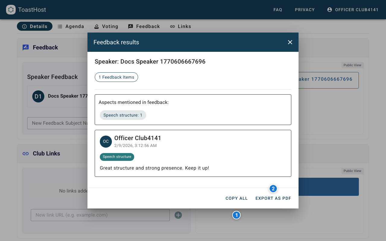 Feedback results dialog showing Copy All and Export as PDF actions