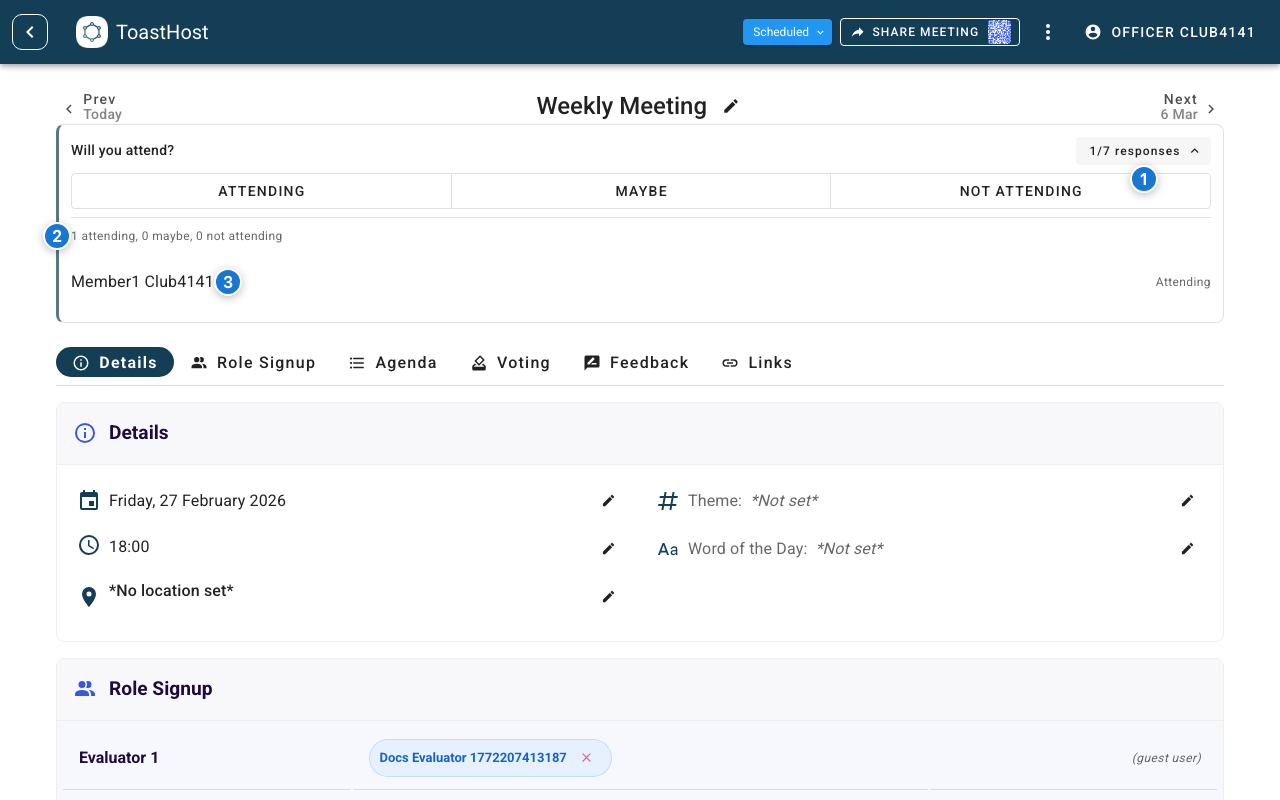 RSVP banner expanded in officer view with response breakdown and list
