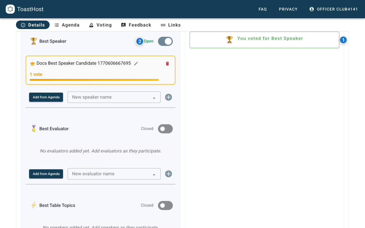 Public voting button after a vote is submitted showing voted state