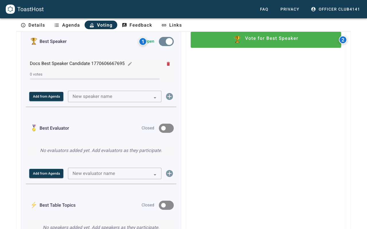 Best Speaker category open with public voting button before a vote is submitted