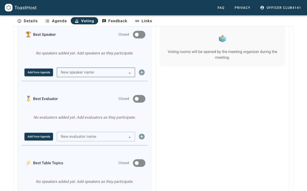 Voting section showing Best Speaker, Best Evaluator, and Best Table Topics panels