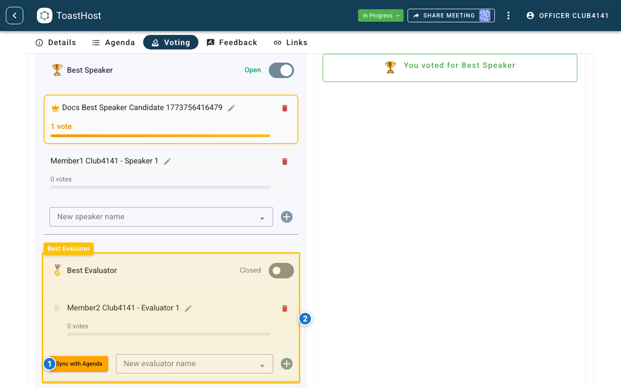 Best Evaluator voting panel showing the Sync with Agenda button after an agenda-linked mismatch