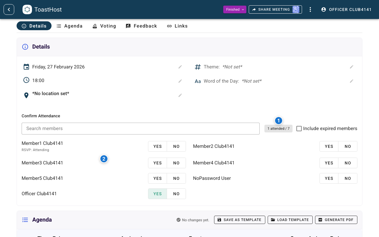 Attendance manager in a finished meeting for final review