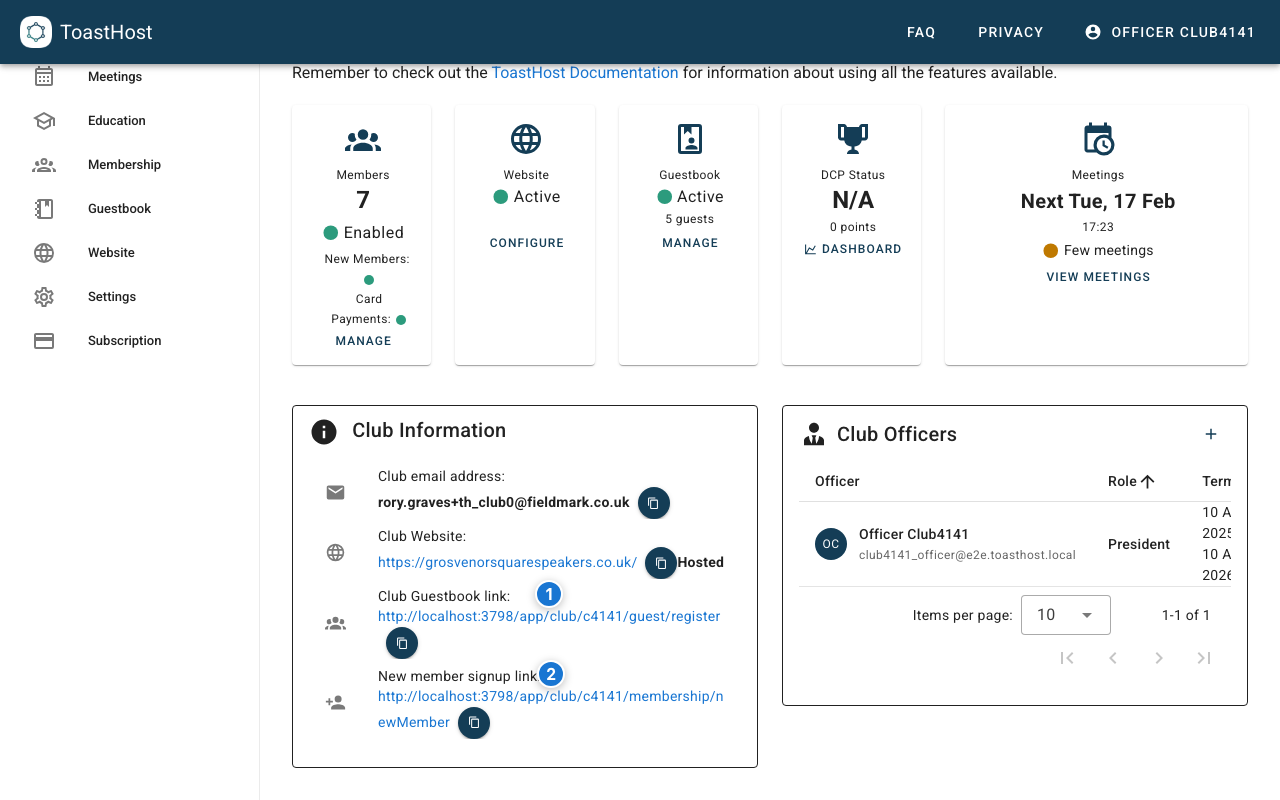 Club Home page showing guestbook and new member signup links