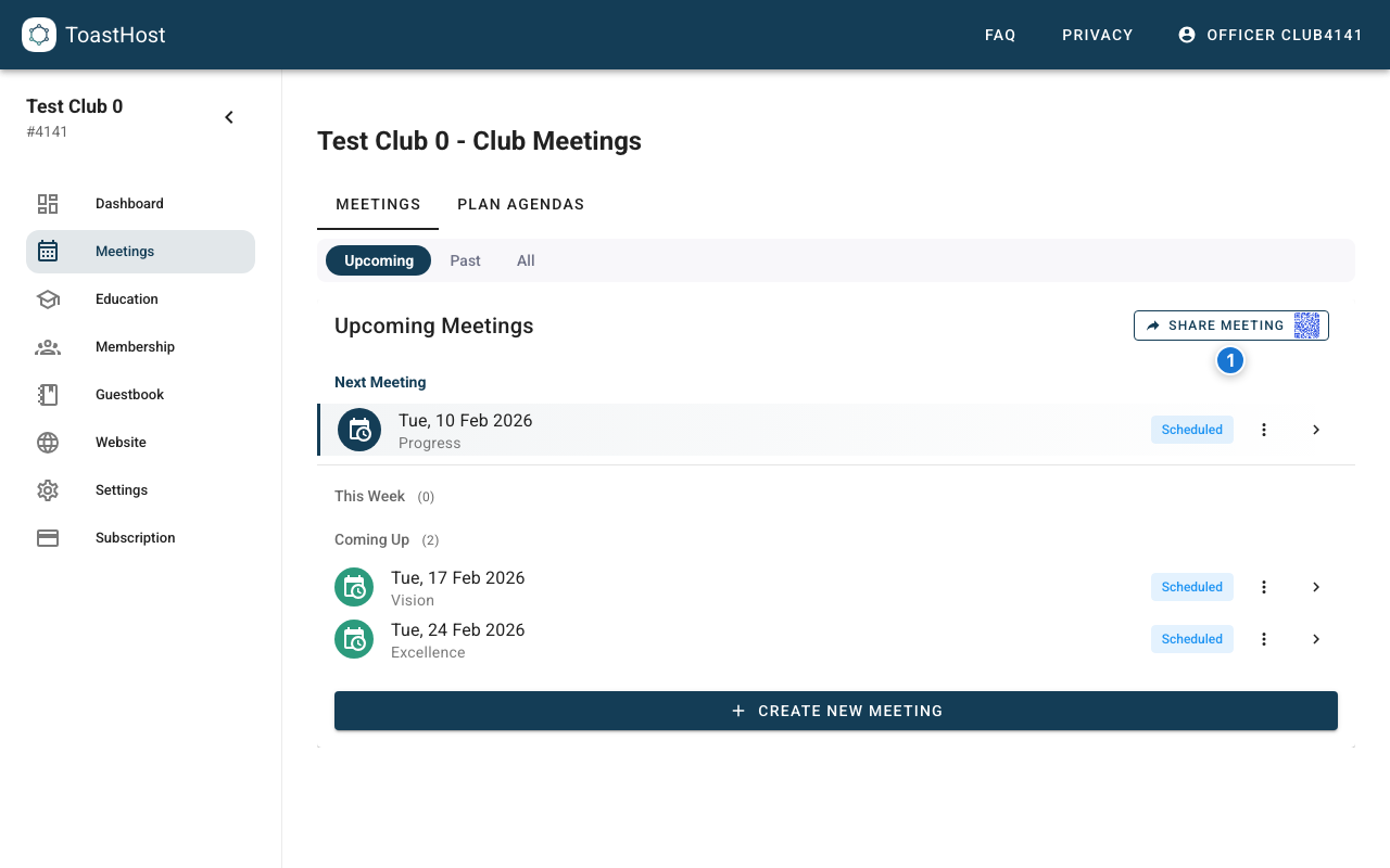 Club Meetings page showing the Share Meeting button