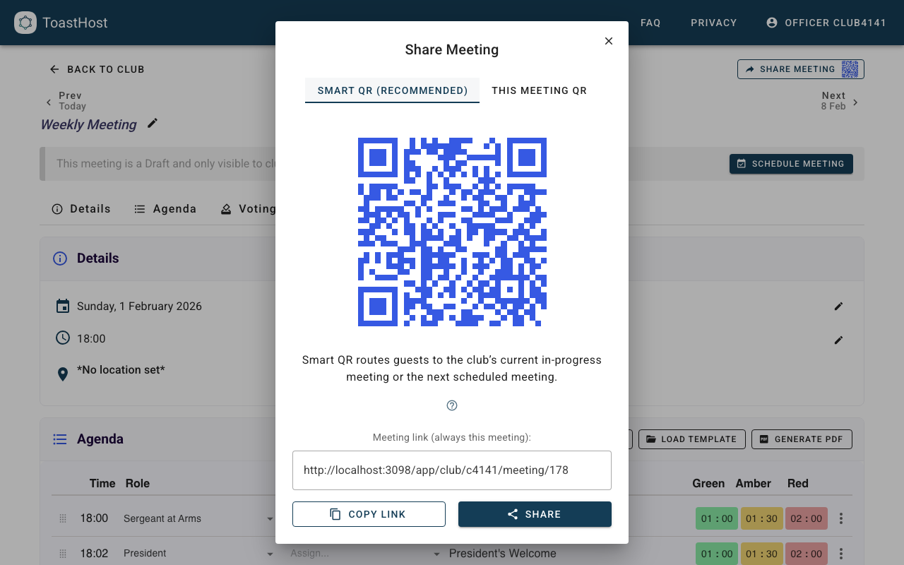 Share Meeting dialog with link and QR code