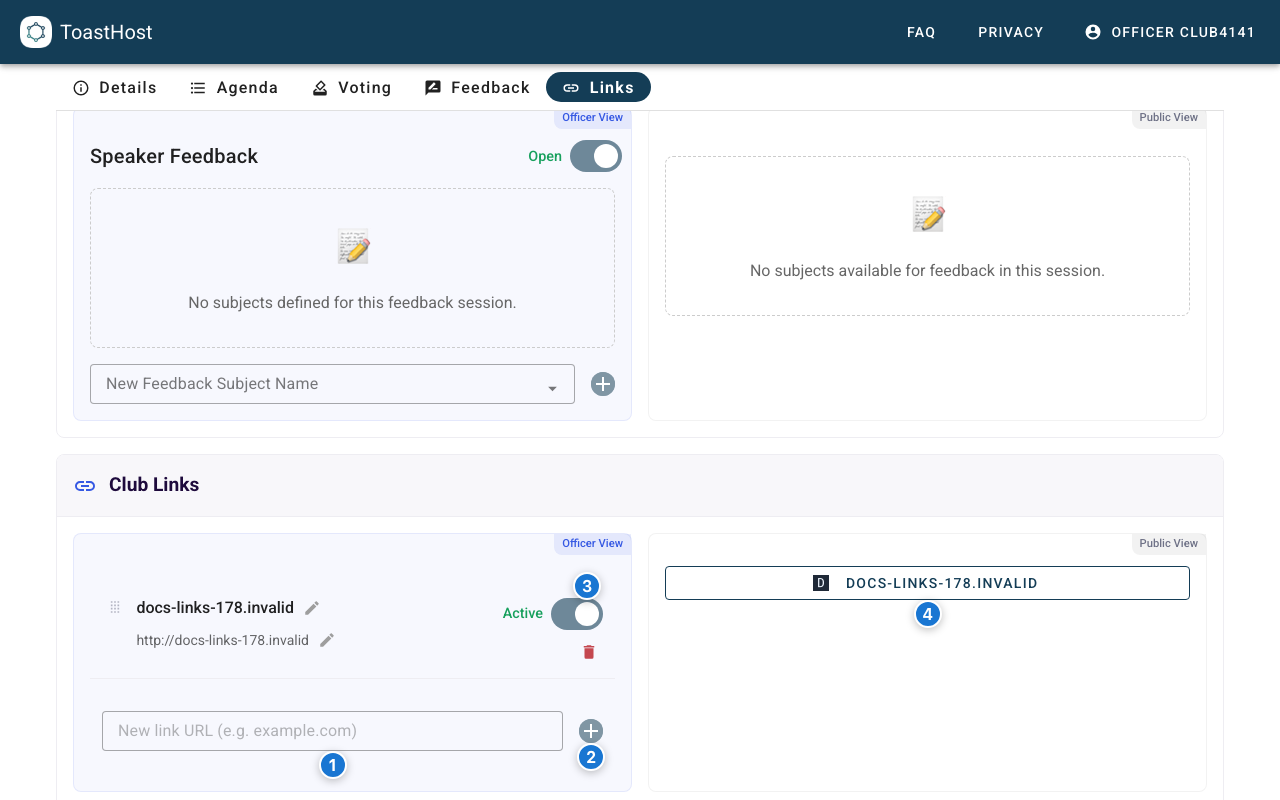 Meeting Links tab showing how to add a link and how it appears publicly