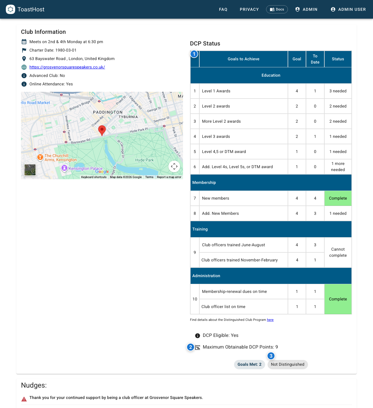 Club dashboard DCP status