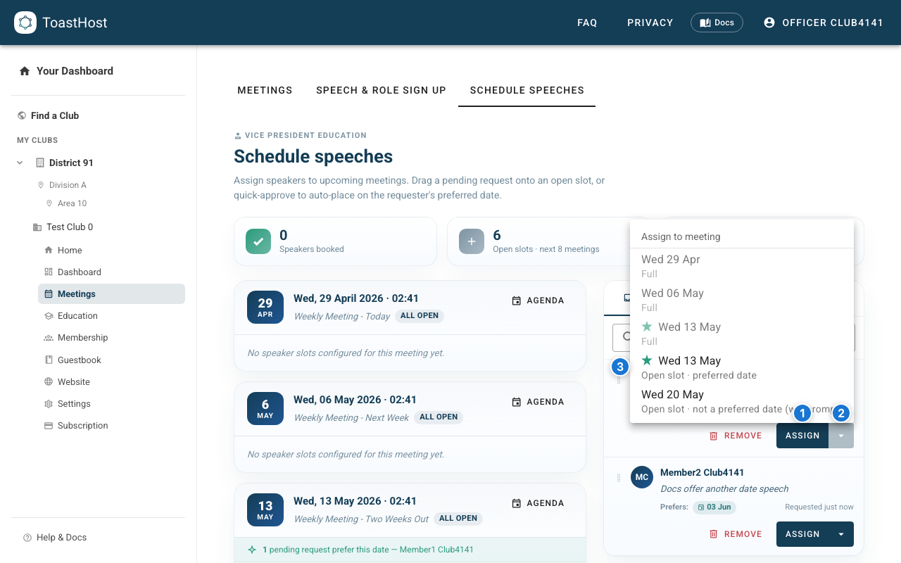 Pending speech request card with Assign button and Assign to meeting menu